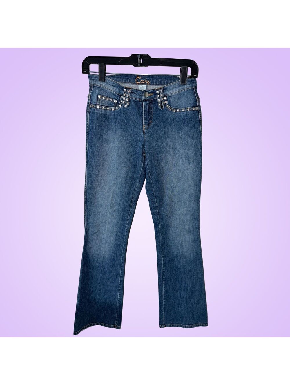 Caché Rhinestone Studded Bootcut Jeans Blue Denim Women’s Size 0 Y2K Style